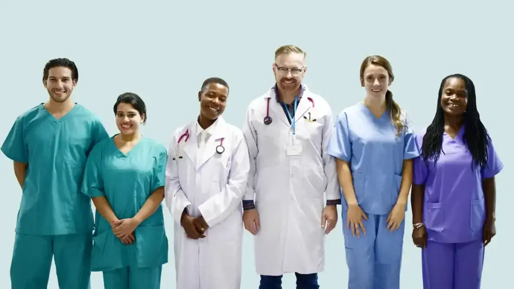Group of international doctors and healthcare professionals from diverse backgrounds